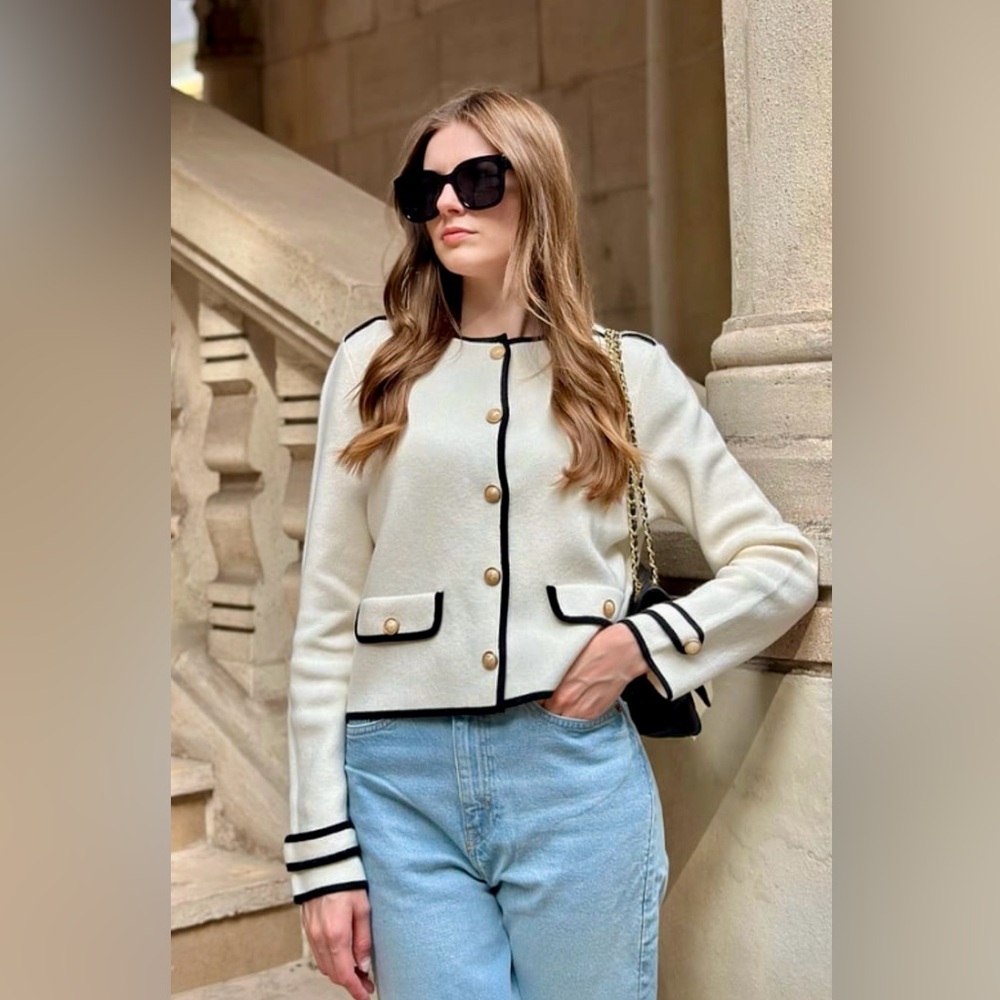 White "Chanel Style" Cardigan with Black Trim 100% Wool from Goelia, Size 12